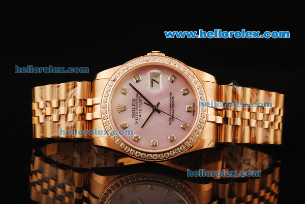 Rolex Oyster Perpetual Datejust Automatic Movement Rose Gold Case and Strap with Pink Dial and Diamond Markers/Bezel - Click Image to Close